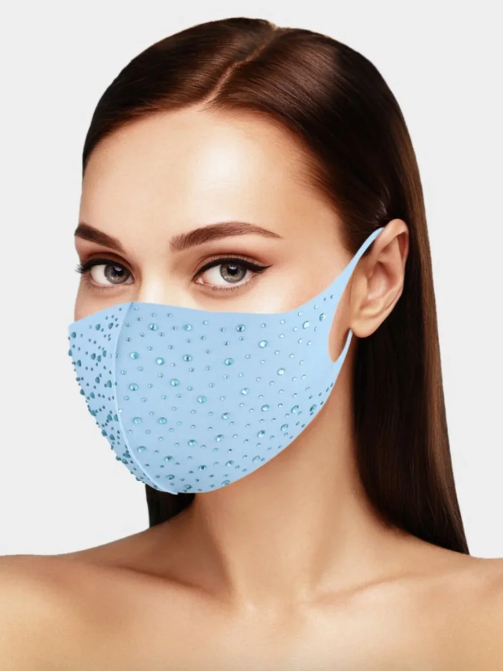 Light Blue Rhinestone Face Mask Crystal Embellished Glam Party NWT